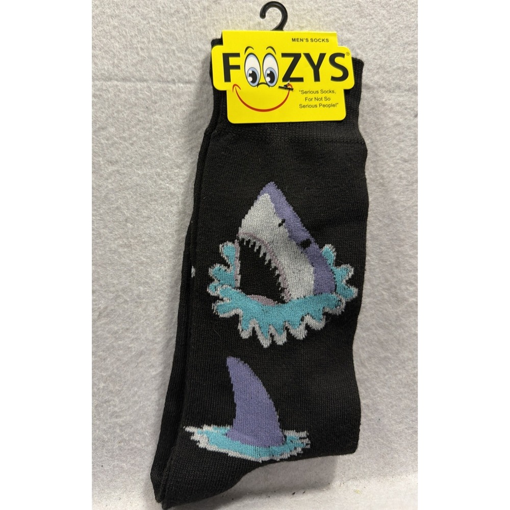 Foozys Mens Crew Socks Shark Themed Black Blue Shoe Size 6 to 12 Brand New